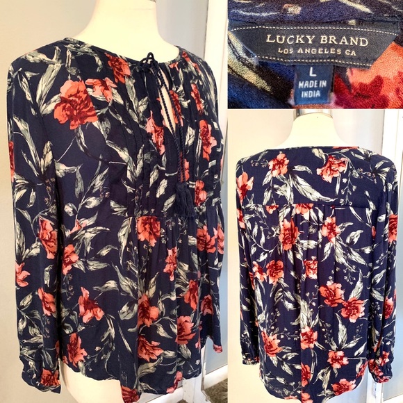Women’s Lucky Brand Floral Pheasant Blouse Size L career casual Navy Blue boho - Picture 10 of 10